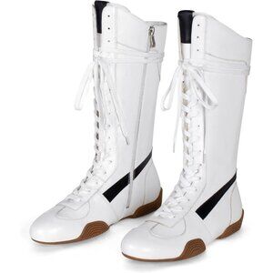 ⚡Women's White Suede Lace Up Tall Boxing Boots Retro Style Knee High Sneakers